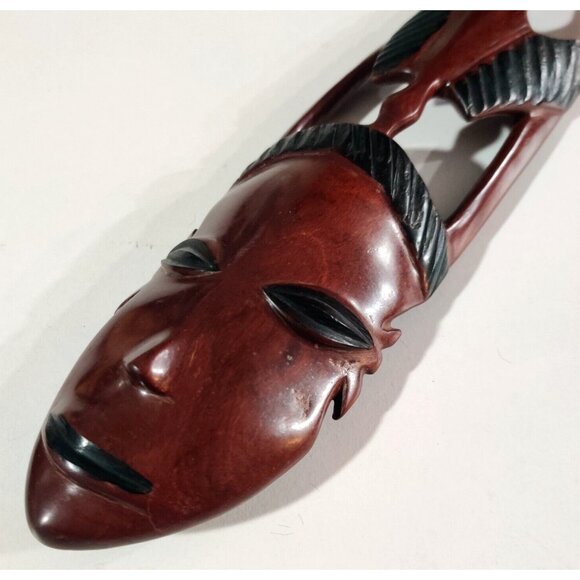 VINTAGE Folk Art Hand Carved Wood Face Tribal Wall Art Woman Long Mask 13.5x3" - Picture 8 of 15